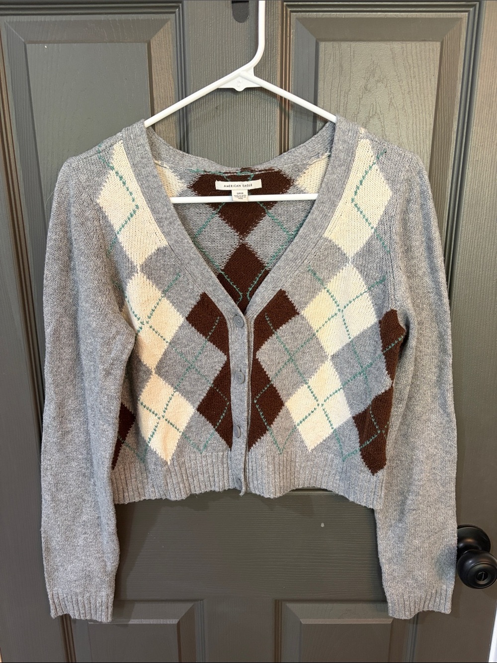American Eagle Outfitters Gray, Brown & Cream Argyle V-Neck Cropped Cardigan